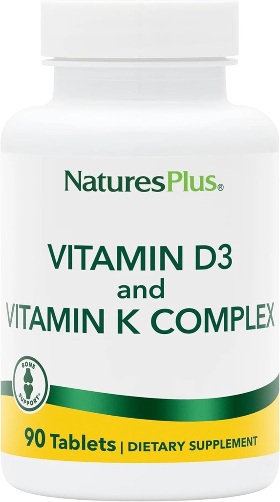 Natures Plus Vitamin D3 & K2- 90 tabletter - fremmer benstøtte, immunfunktion, cardiovaskulær sundhed & Mood Balance - Vegetarisk, Gluten Free - 90 Serveringer