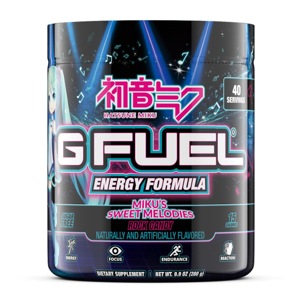 G Fuel Sweet Melodies Hatsune Miku Energy Drink Powder, Pre Workout Koffein Mix for Gaming, Sugar Free Focus Amino, Vitamin + Antioxidanter, 9.9oz (Rock Candy, 40 Servere)