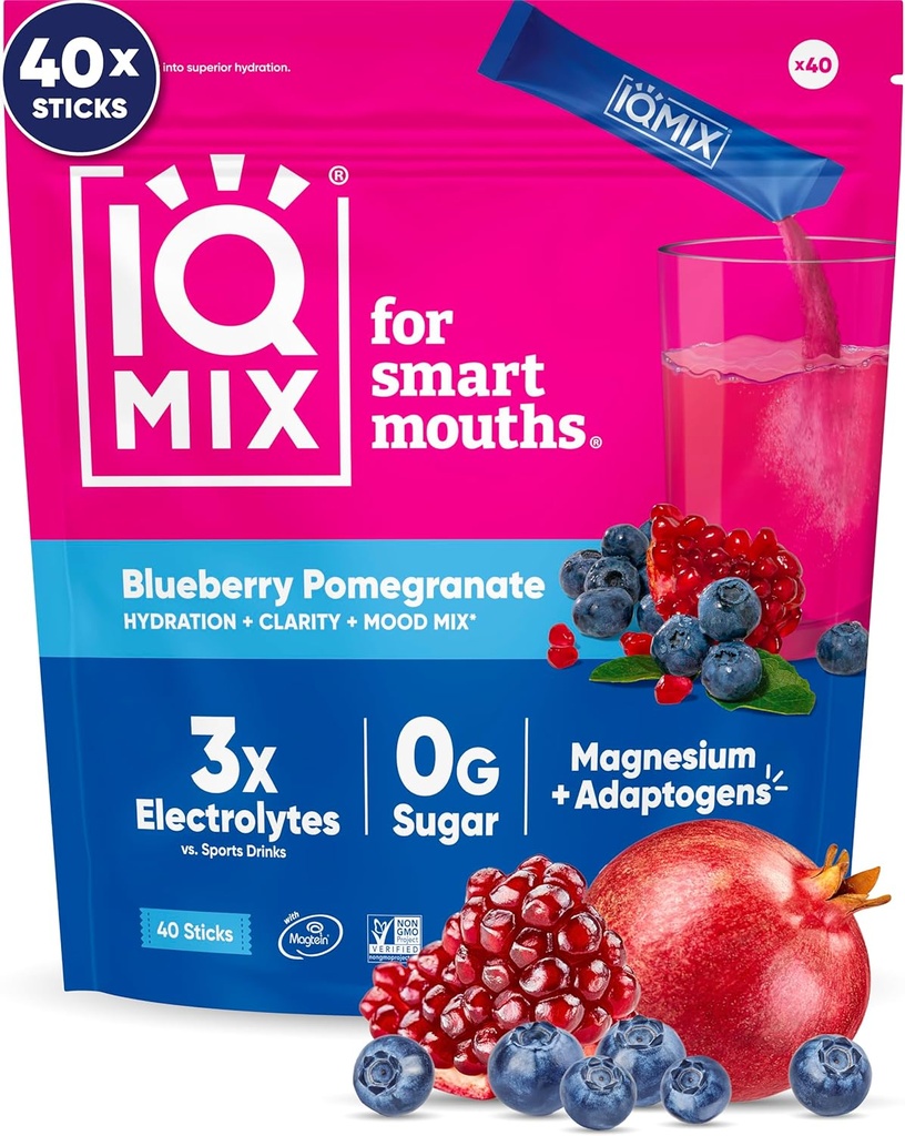IQMIX Hydration Electrolyte Powder – 4-in-1 Formula for Hydration, Mental Clarity, Mood and Recovery – Sugar-Free Drink Mix, Keto, Magnesium L-Threonate, Lion’s Mane – 40 Count Blueberry Pomegranate