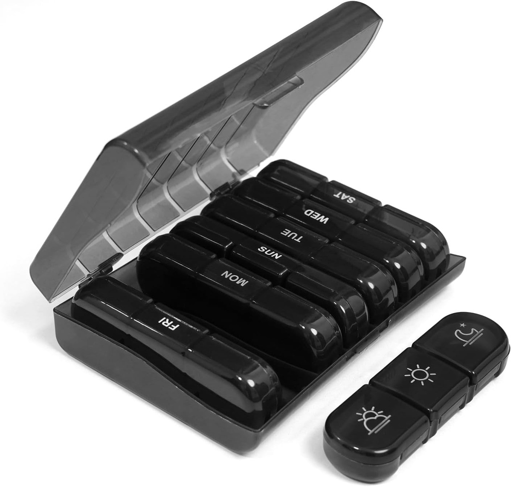 SenyerKare Weekly Pill Organizer 3X en dag, Pill Dispenser 3 gange om dagen, Portable Travel Pill Box 7 dag med store piller containere, Pill sag for medicin til at holde vitaminer / fisk olie / kosttilskud, sort