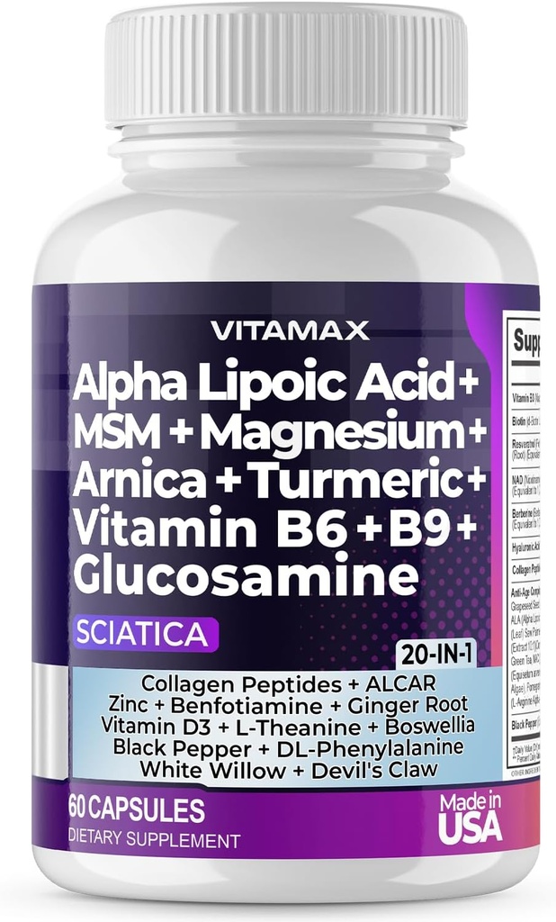 Sciatic Nerve Health Support - Sciatic Nerve Supplement kapsler med folinsyre, Pea, Glucosamin, MSM, Vitamin B Complex, Alpha Lipoic Acid 300mg - 60ct - Made in USA