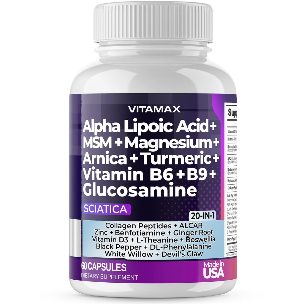 Sciatic Nerve Health Support - Sciatic Nerve Supplement kapsler med folinsyre, Pea, Glucosamin, MSM, Vitamin B Complex, Alpha Lipoic Acid 300mg - 60ct - Made in USA