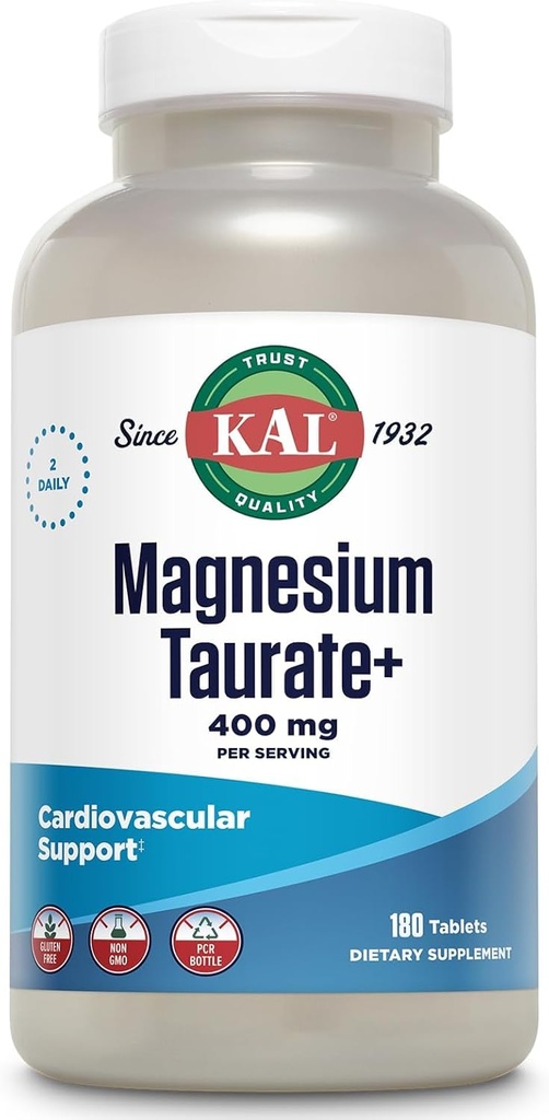 KAL Magnesium Taurat 400mg Plus CoEnzyme Vitamin B6, Chelated Magnesium Supplement, Muskelfunktion, Gluten Free, Vegan, 90 Serv, 180 tabletter