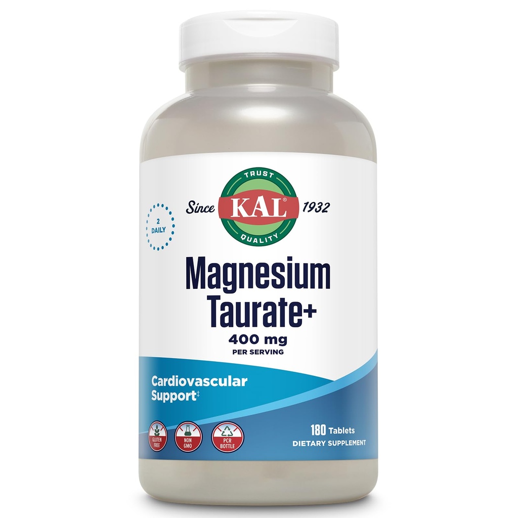 KAL Magnesium Taurat 400mg Plus CoEnzyme Vitamin B6, Chelated Magnesium Supplement, Muskelfunktion, Gluten Free, Vegan, 90 Serv, 180 tabletter