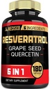 6in1 Trans Resveratrol tillæg med Grape Seed, Milk Thistle, og mere - Resveratrol 1000mg - Understøttelse af immunsystemet, hjerte sundhed, bodymanagement - 180 kapsler