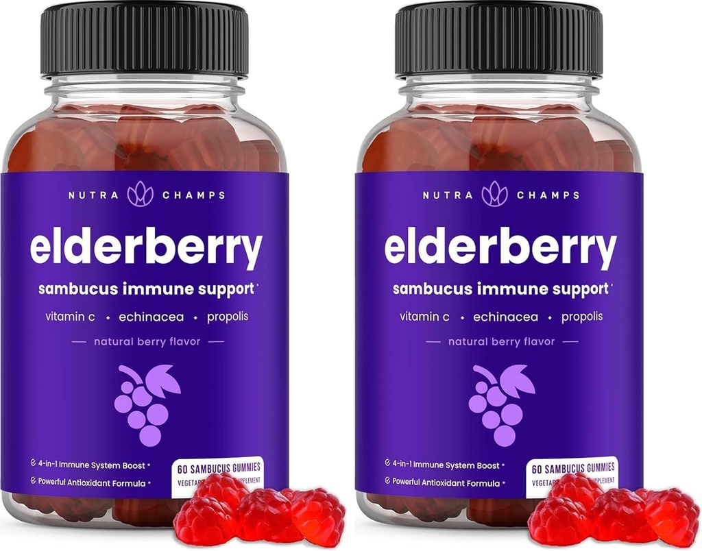 NutraChamps Elderberry Gummies med C-vitamin, Propolis & Echinacea - Immunsystemet Support Gummy Vitaminer til voksne & Børn - Max Strength 200mg Sambucus Antioxidant (pakke med 2)