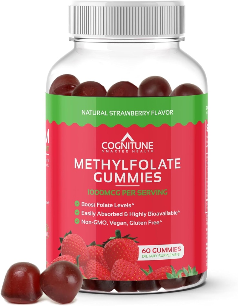 CogniTune Methylfolat Gummies - Let at tage høj potens L-Methylfolat, Folate Supplement for hjerne, Heart Health & Immunity, Lækker Strawberry Flavor, Non- GMO, Vegan, Gluten- Free
