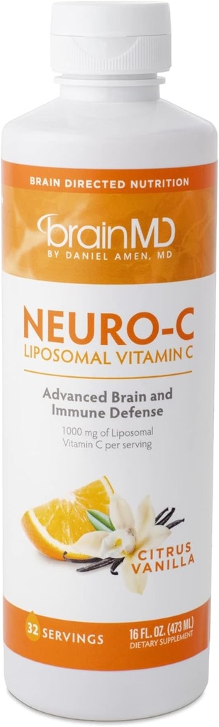 BRAINMD af Dr. Amen Neuro- C, Citrus Vanilla - 16 fl oz - 1000 mg Liposomal Vitamin C - Advanced Brain & Immunforsvar - Gluten Free - 32 Serveringer