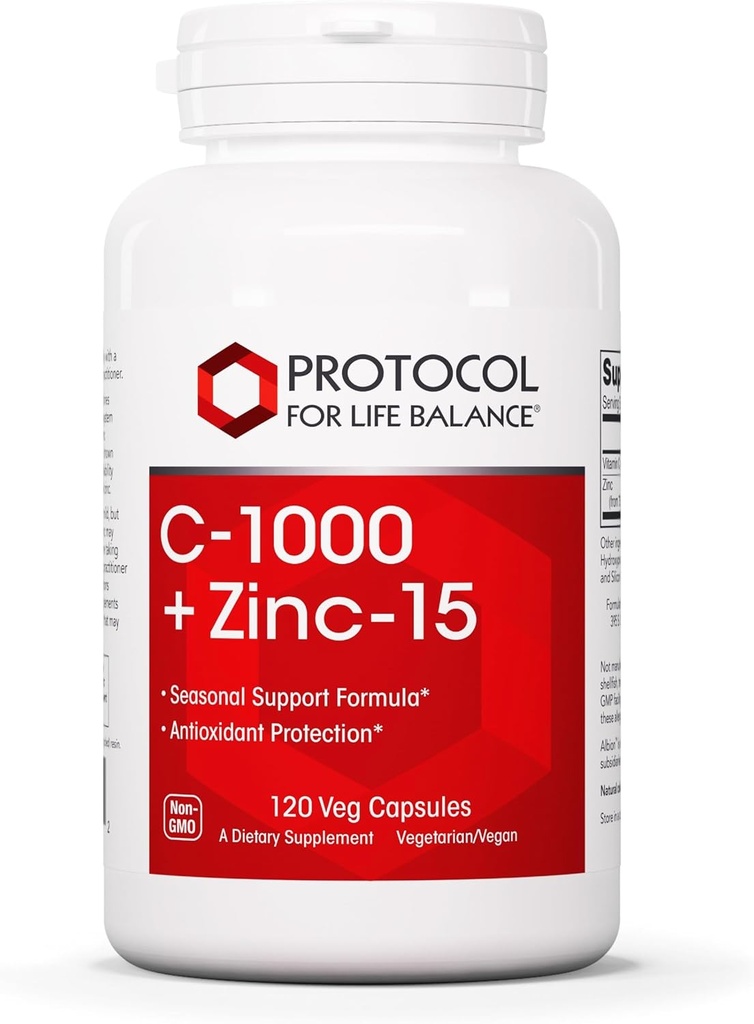 PROTOKOL OM LIV BALANCE C- 1000 + Zinc- 15 - Vitamin C & Zinc Bisglycinat - Immun Support - Antioxidanter Supplement - med Ascorbinsyre - 120 Veg kapsler
