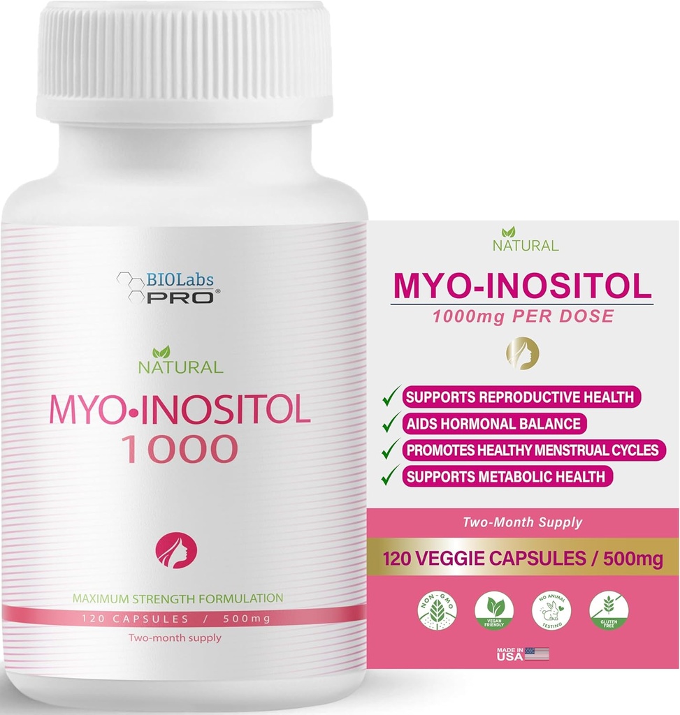 BIOLABS PRO Myo- Inositol Supplement 1000mg - Natural Dietary Support for Cellular Health & Wellness, Premium Non- GMO, Gluten- Free, Kosher Certified, Paraben- Free - (120 Caps - 2 - Måned Supply)