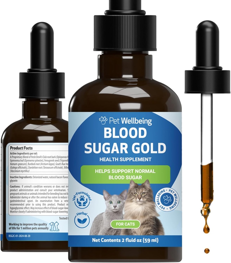 Pet Wellbeing - Blood Sugar Gold for Cats - Natural Support for Sund Blood Sugar Nivels in Diabetic Cats - Insulin Stabilization & Normal Pancreatic Function - 2 oz (59 ml)
