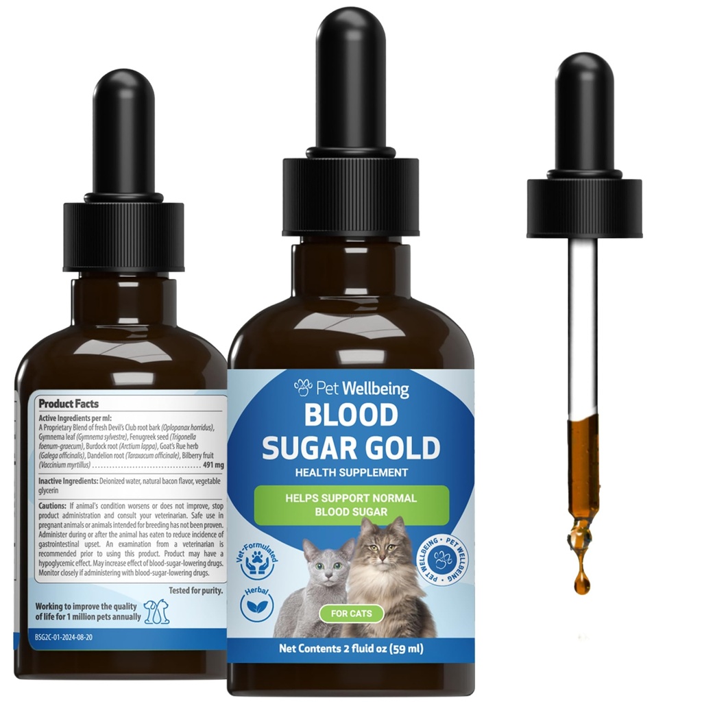Pet Wellbeing - Blood Sugar Gold for Cats - Natural Support for Sund Blood Sugar Nivels in Diabetic Cats - Insulin Stabilization & Normal Pancreatic Function - 2 oz (59 ml)