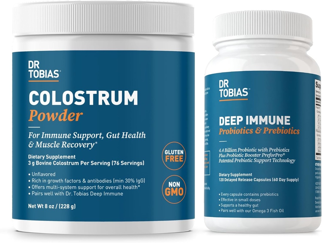Dr. Tobias Deep Immune Probiotika & Prebiotika og Colostrum Powder - Understøtter fordøjelsessygdomme, Gut Health, og immunfunktion