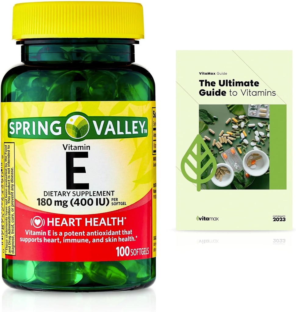 Spring Valley Vitamin E Heart Health Dietary Supplement Softgels, 180 mg (400 IU), 100 Count + Exclusive VitaMax Vitamin Guide (2 Items)