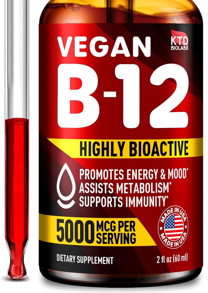 B12 Sublingual 5000 mcg Drops - Made in USA - Vegan B12 Vitaminer for energi, Mood & Memory - Meget biotilgængelige Sublingual Drops - Methylcobalamin for kvinder & mænd - 2 fl. oz.