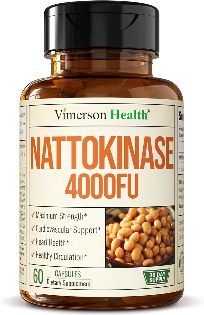 Nattokinase Supplement - Heart Health Kosttilskud med Nattokinase 4000 FU - Max Strength Circulation Supplements - Systemiske enzymer til sund cirkulation & Glat Flow. Non- GMO & Vegan. 60 Kapsler