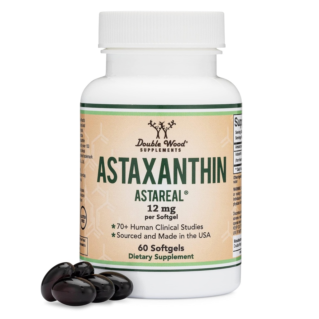 Astaxanthin 12mg Max Strength (Kun Patenteret Astaxanthin (Astrareal) med 70 + Human Clinical Trials - World 's Most Studied Brand) Voksen, Høst, og Made in The USA (Astaxantina) af Double Wood