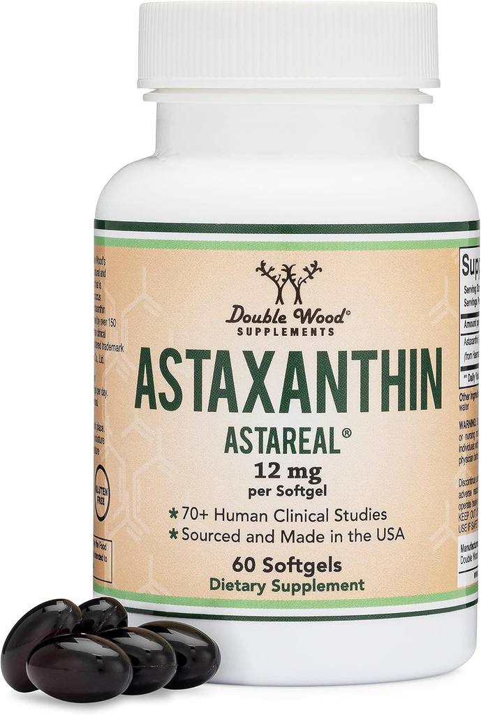 Astaxanthin 12mg Max Strength (Kun Patenteret Astaxanthin (Astrareal) med 70 + Human Clinical Trials - World 's Most Studied Brand) Voksen, Høst, og Made in The USA (Astaxantina) af Double Wood