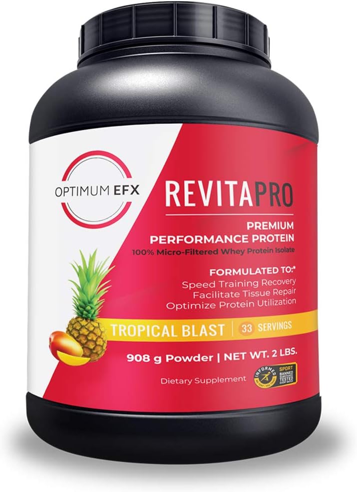 RevitaPRO, Premium Performance Protein, 100% mikrofiltreret Whey Protein Isolate, naturligt sødet, Ingen soja, Zero Tilføjet sukker, Zero kunstige ingredienser -2 Pund (Tropical Blast)