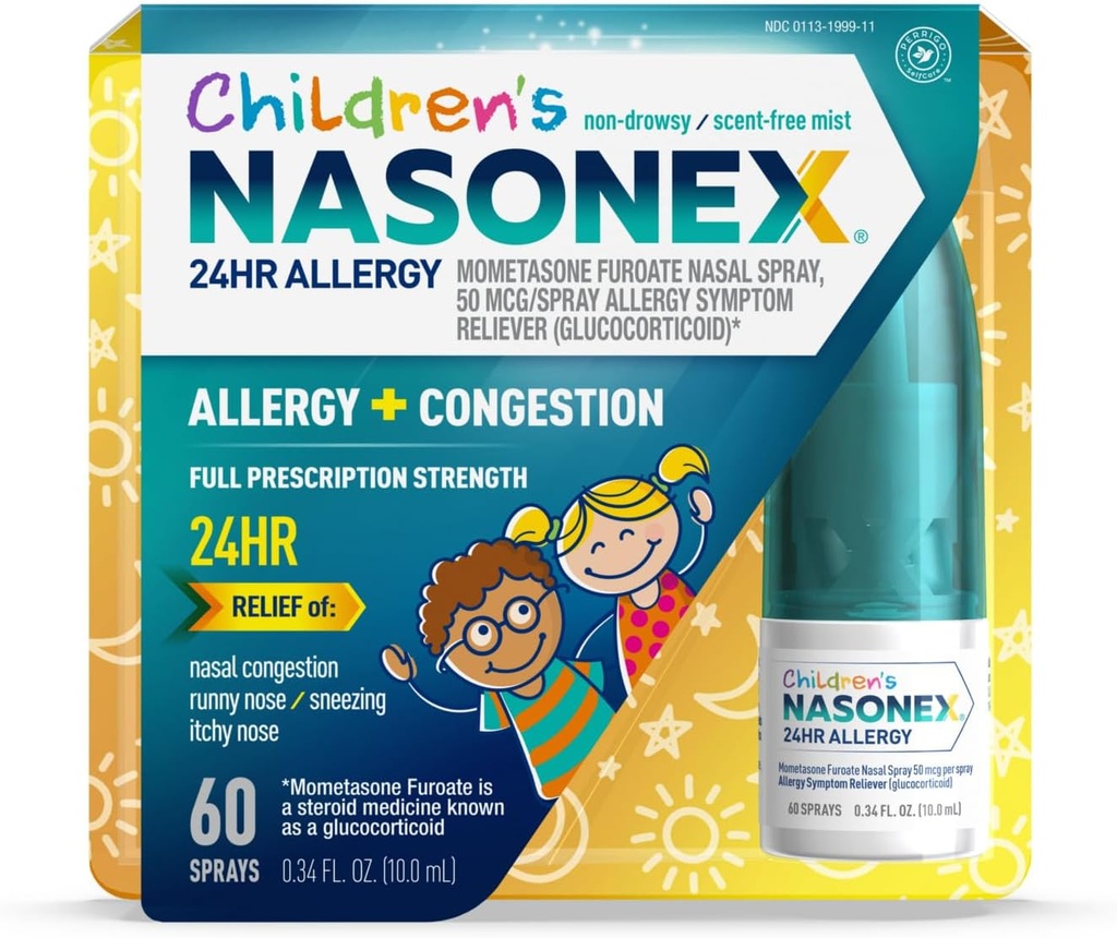 Nasonex Børns 24HR Allergi Nasal Spray, Non- Drowsy, Scent- Free Mist, Allergi Symptomer + Nasal Congestion, Fuld reception Styrke, 60 sprays
