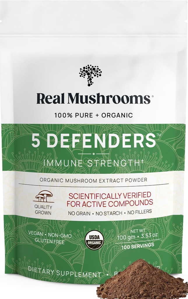 Real Mushrooms 5 Defenders Mushroom Complex Powder - Organic Mushrooms Extract from Chaga, Reishi, Tyrkiet Tail, Maitake & Shiitake Mushroom Blend for Wellness Support with Beta Glucans - 100 Servere