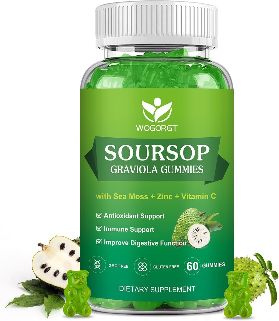 WOGORGT Soursop Graviola Gummies - Soursop Multivitamin Gummies med 200mg Sea Moss Extract for Antioxidant, Cell Support & Regeneration, immunforsvar, Vegan, Apple Flavor - 60 Gummies