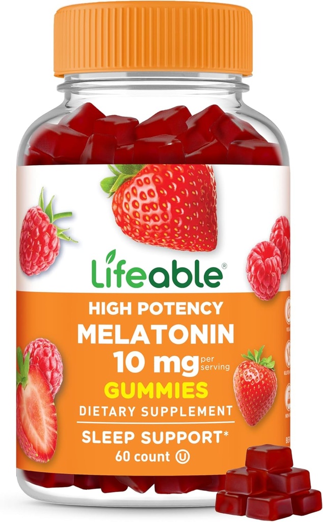 Lifeable Melatonin 10mg - Great Tasting Natural Flavor Gummy Supplement - Gluten Free Vegetarian GMO- Free Chewable - for hjælp Falling Assein and Staying Assein - for voksne, mand, kvinder - 60 Gummies