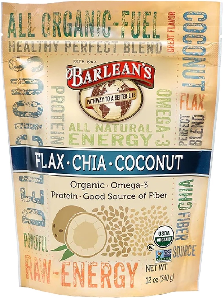 Barlean 's Organic Flax Chia Coconut Seed Blend med 2,330 mg Omega 3 Fedtsyrer, Fiber tillæg med hel chia frø og jord hørfrø, 12 oz