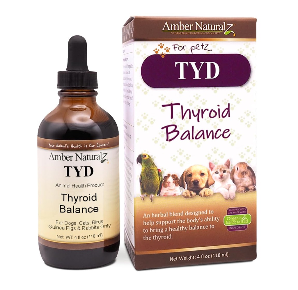 Amber NaturalZ TYD Thyreoidea Balance Herbal supplement til hunde, katte, fugle, Guinea svin, og kaniner Buddy 124; Herbal Pet supplement til Thyroidea sundhed Buddy 124; 4 Fluid Ounce glasflaske Buddy 124; Fremstillet i USA