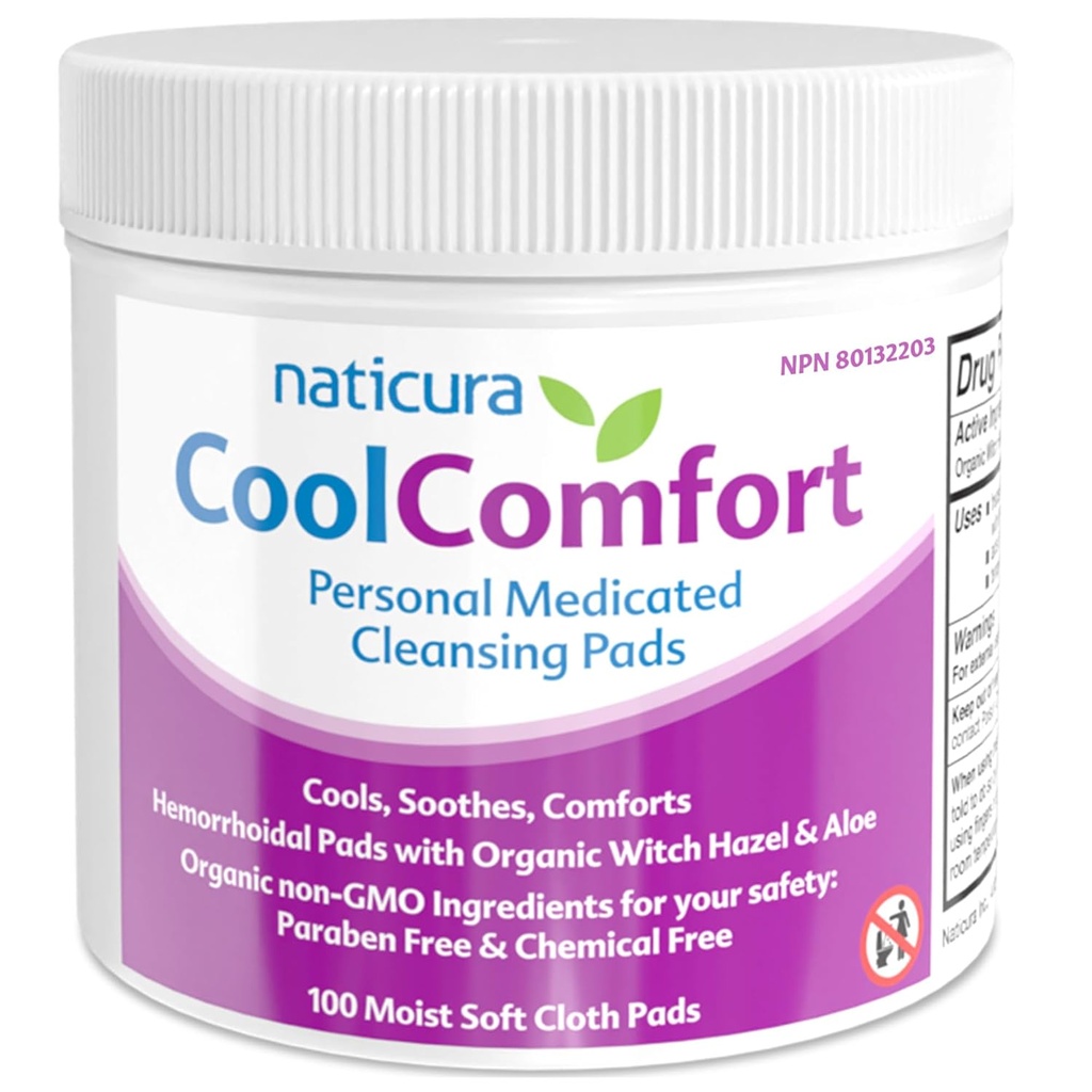 CoolComfort Personlige Cleansing Pads med Organic Witch Hazel og Aloe Vera - All- Natural and Fast Actioning Wipes for Hæmorhoid Burning, Kløe, Smerte og Hævelse - 100 Pads - Ingen Parabens
