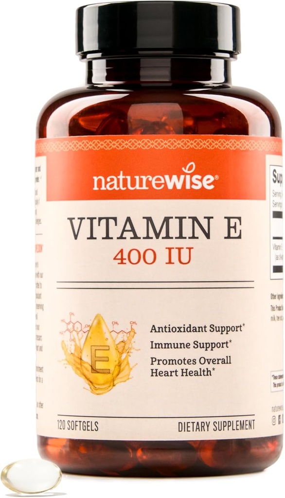 NatureWise Vitamin E 400 IE Softgels (180 mg DL- Alpha) - Dairy, Gluten & Soy Free - Antioxidant- Rich Kosttilskud til hud, hjerte, og immunforsvar support - 4 - Måned Supply, 120 Count