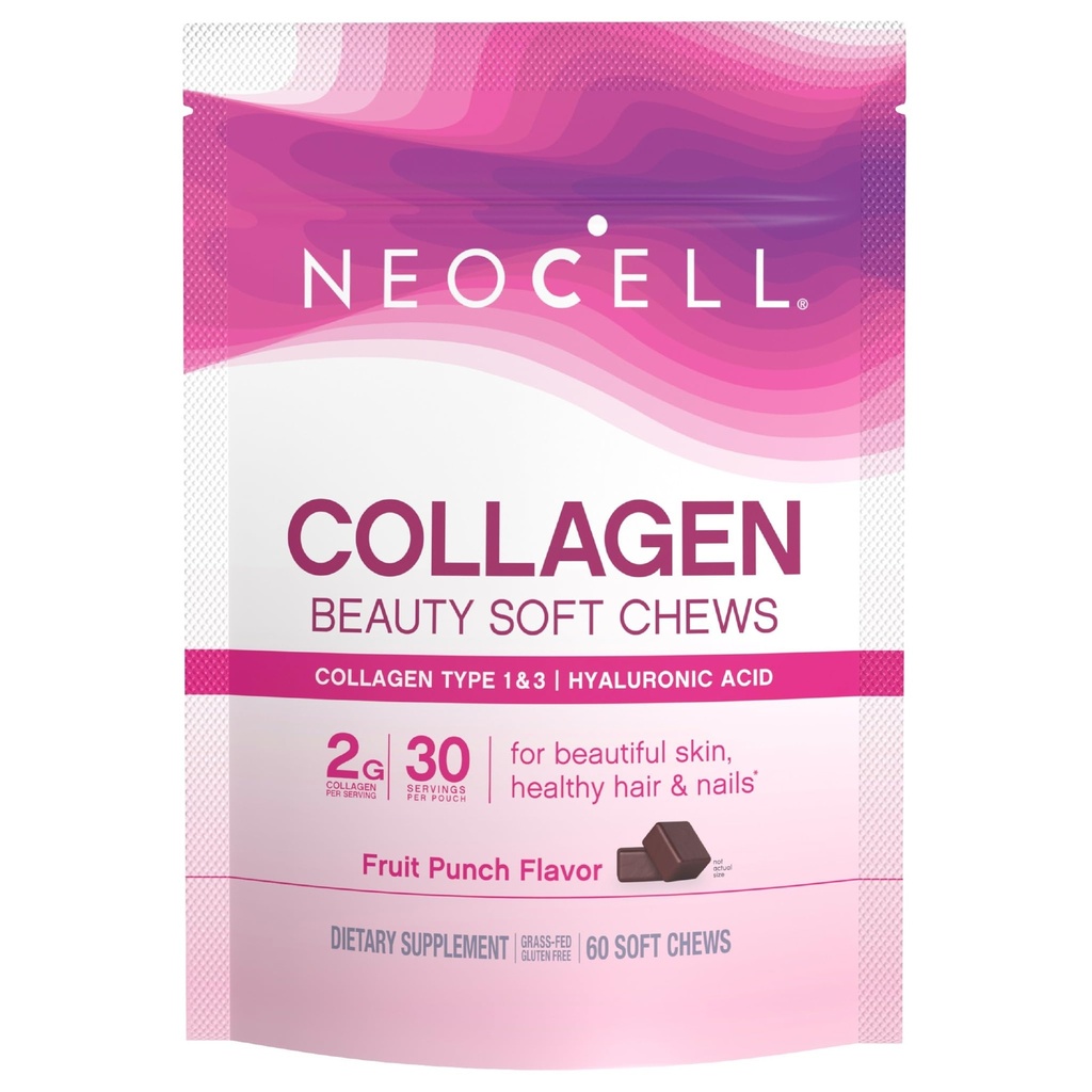 NeoCell Collagen skønhed bløde tygger med C-vitamin og hyaluronsyre, For hår, hud og negle sundhed, frugt punch, bløde tykkere, 60 greve, 1 pose