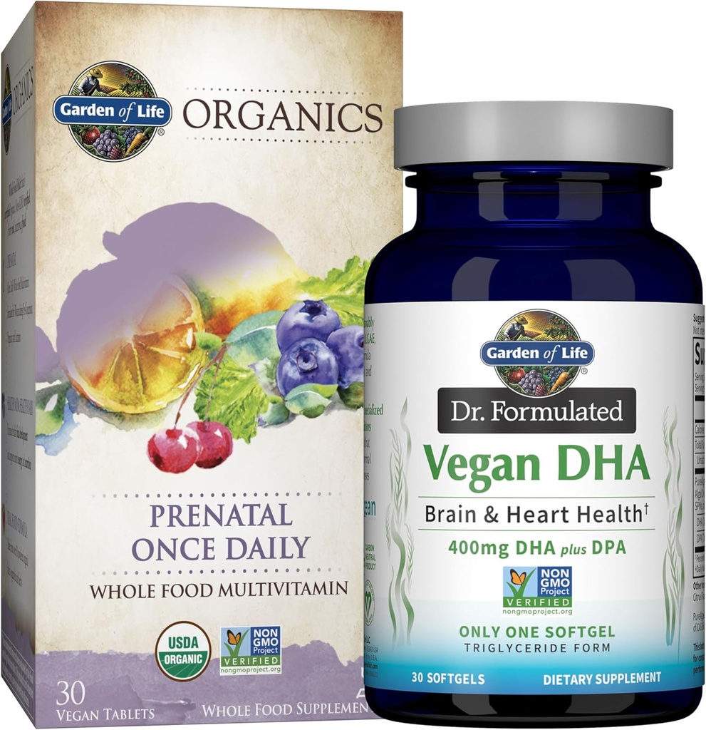 Livets have Én gang Daglig Vegansk DHA + Prenatal Multi Bundle: Dr. Formuleret Vegansk DHA 30 Softgels + Organics Prenatal Én gang Daglig Multivitaminer med Folate for Women 's Prenatal Health, 30 tabletter