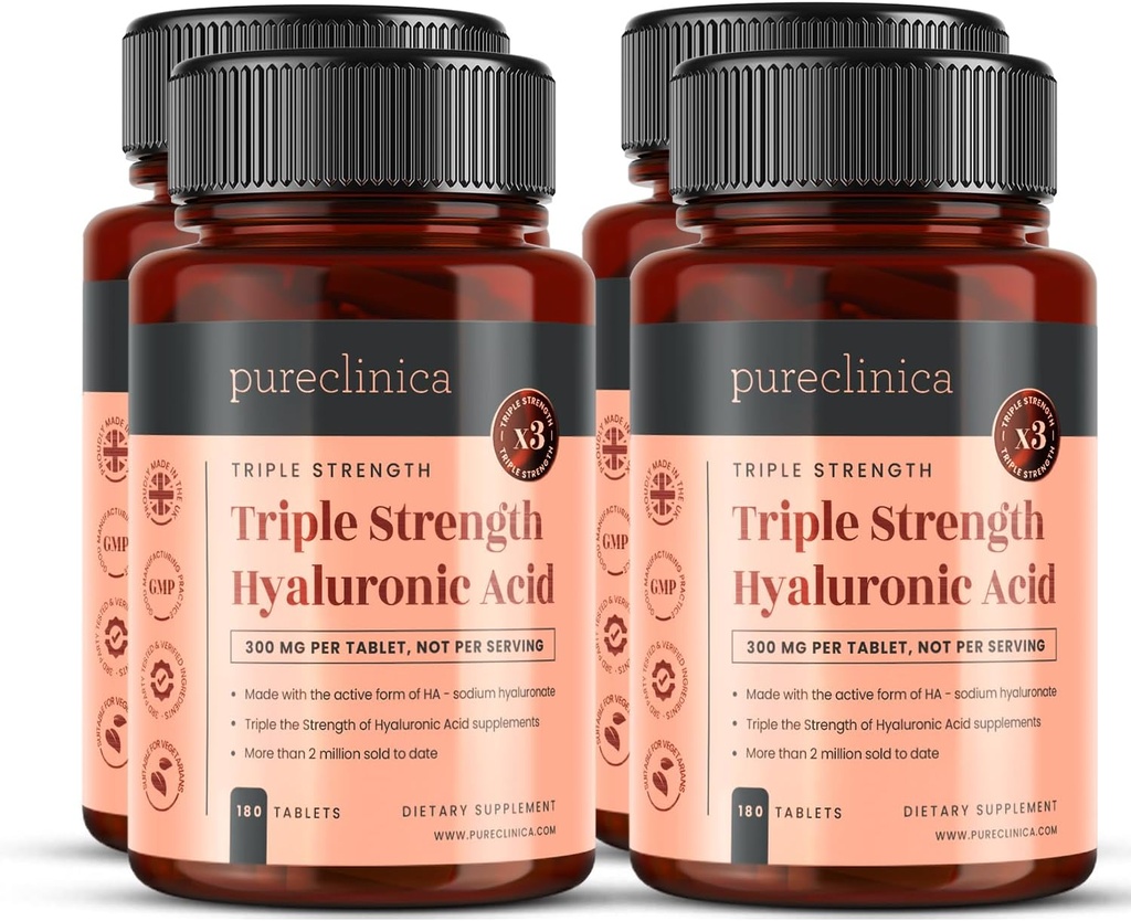 pureclinica Triple Styrke Hyaluronsyre 300mg x 720 tabletter (4 flasker med 180) - 2 års forsyning