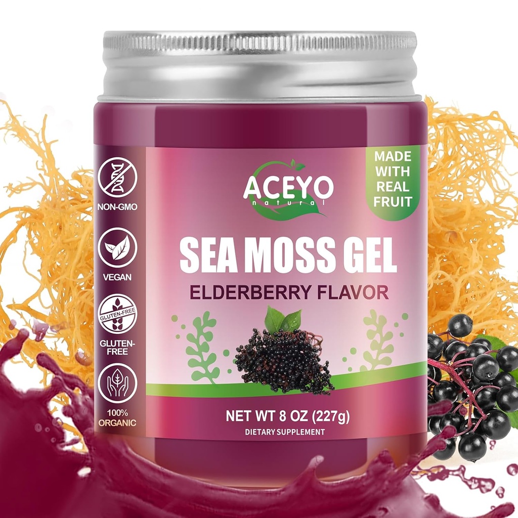 (8 OZ) Sea Moss Gel Organic Raw Elderberry Flavored Irish Seamoss Mænd Natural Vegan 102 Vitamin og mineral Wild Harveed Non-GMO immunforsvar Booster Lung Thyroid fordøjelsesstøtte