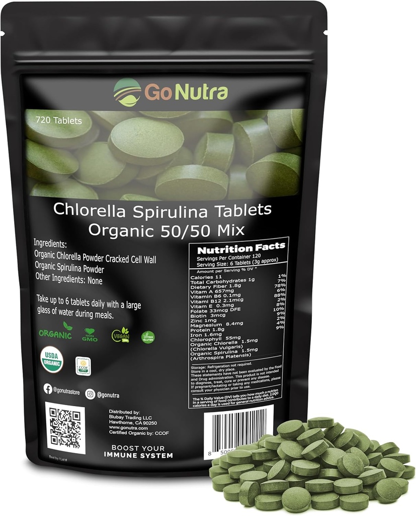 Go Nutra Organic Spirulina Chlorella Tablets 50 / 50 Blend • 124; Nutrient Dense Superfood - Vegan Protein, Chlorophyll, Enzymes • 124; 500mg Hver Chlorella Spirulina Tablets, 720 Greve, 4 Måned Supply