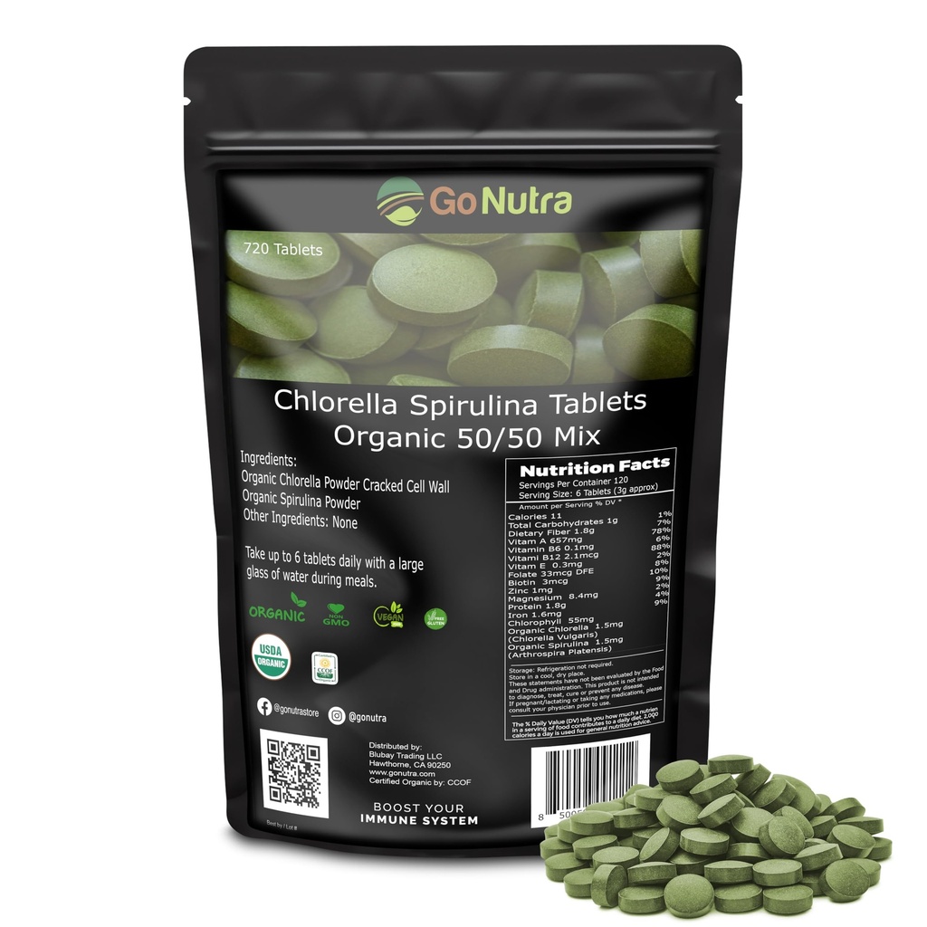 Go Nutra Organic Spirulina Chlorella Tablets 50 / 50 Blend • 124; Nutrient Dense Superfood - Vegan Protein, Chlorophyll, Enzymes • 124; 500mg Hver Chlorella Spirulina Tablets, 720 Greve, 4 Måned Supply