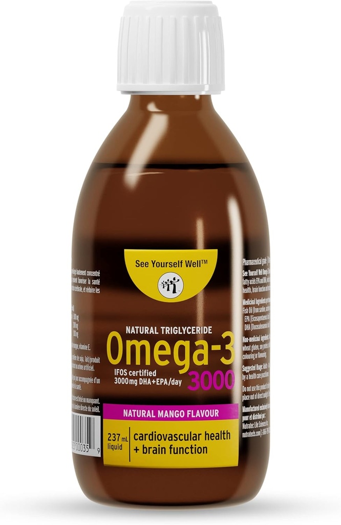 Flydende Omega 3 Fiskeolie - høj potens. Fremmer hjerne, øje, hjerte og immunforsvar. Natural Triglycerid. 237ml / 8oz - 48 Servere. Mango
