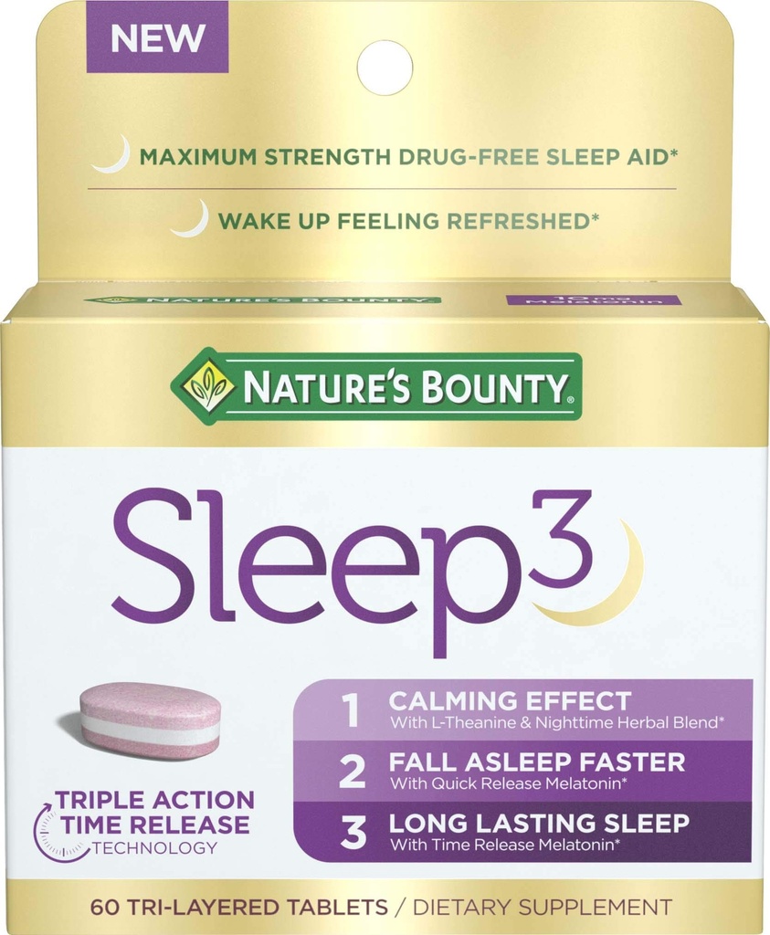 Nature 's Bounty Sleep3 Melatonin 10mg, maksimal styrke 100% Drug Free Sleep Aid, Kosttilskud, L- Theanine & Nighttime Herbal Blend Time Release Technology, 60 Tri- Layed Tablets