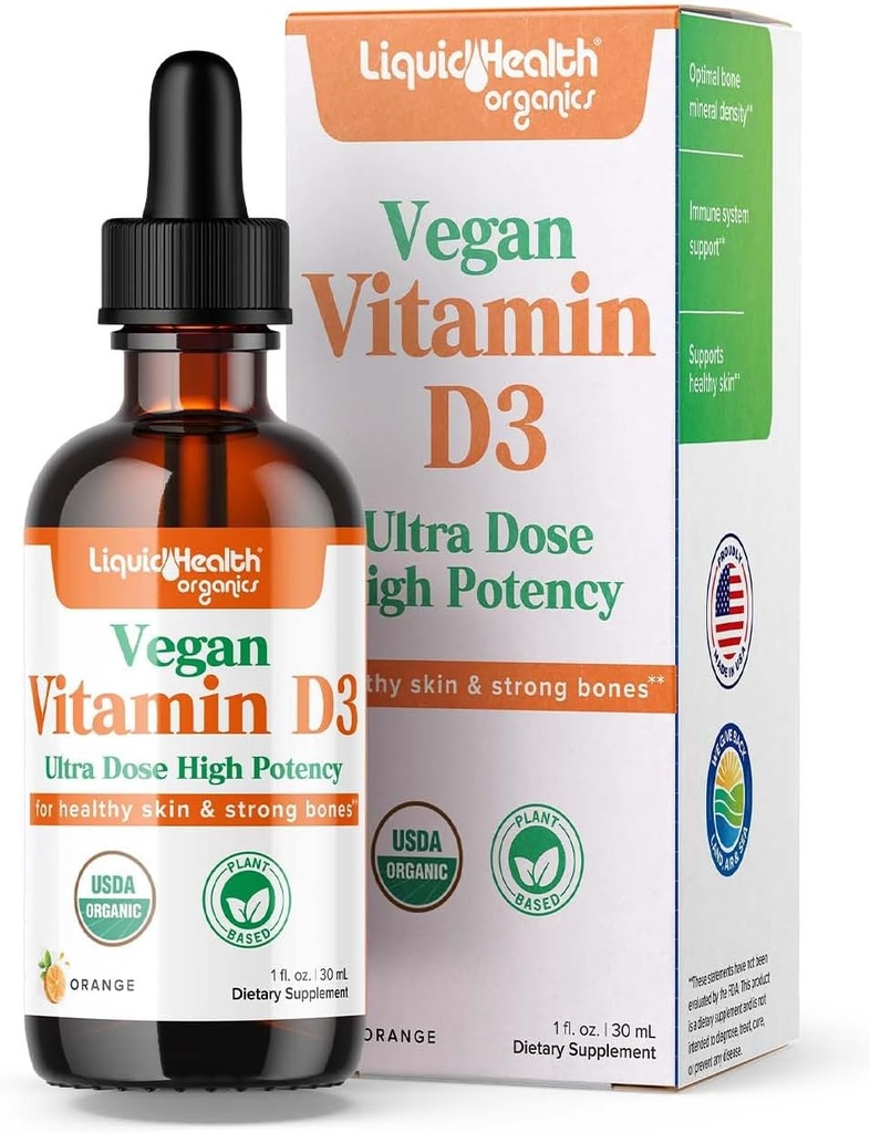 LIQUIDHealth Vitamin D3 4000 IE, USDA Organic Vitamin D Liquid Drops til voksne & Børn, Vegan Vitamin D for immunsystemet Support, Knoglesundhed, Mood Support, Sund Hud - Made in USA (2 oz)