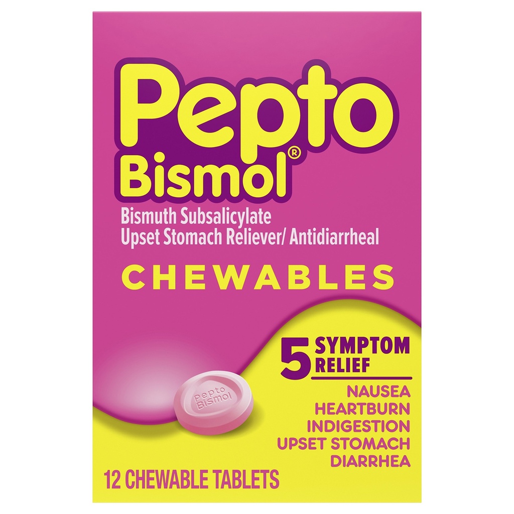 Pepto Bismol tyggetabletter til kvalme, hjerterytme, fordøjelsesbesvær, opsat mave og diarré - 5 symptomatiske hurtige relief, original flavor 12 læ