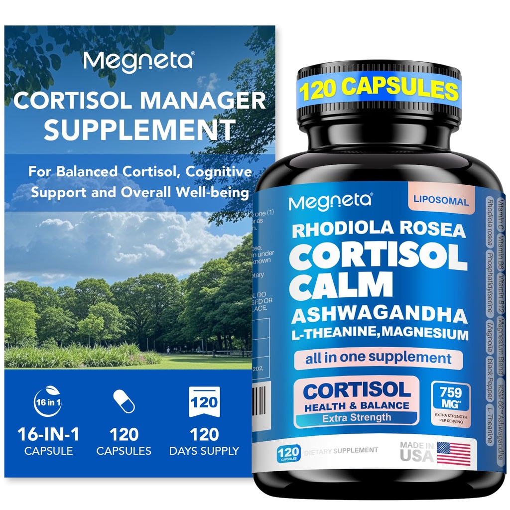 Cortisol Balance & Sleep Support for Women & Men - Natural Calm Formel med Magnesium, Ashwagandha & L- Theanine - Understøtter Rastful Sleep, Afslapning, Fokus & Sunde Cortisol Niveauer - 120 Kapsler