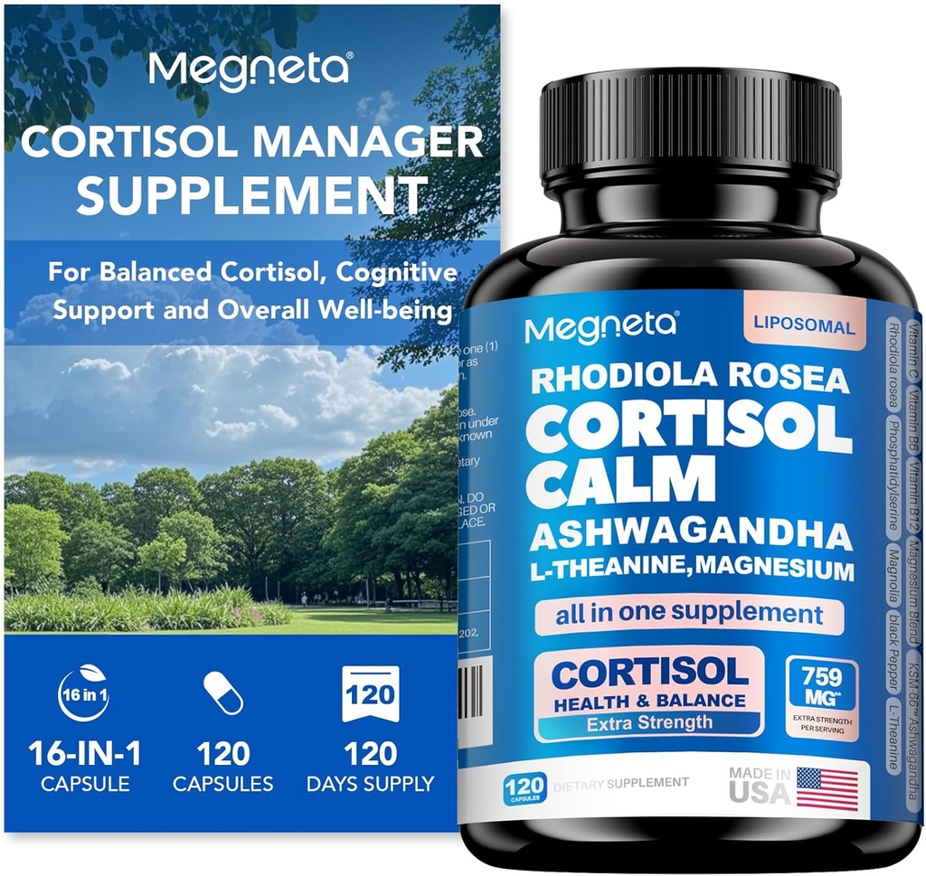 Cortisol Balance & Sleep Support for Women & Men - Natural Calm Formel med Magnesium, Ashwagandha & L- Theanine - Understøtter Rastful Sleep, Afslapning, Fokus & Sunde Cortisol Niveauer - 120 Kapsler