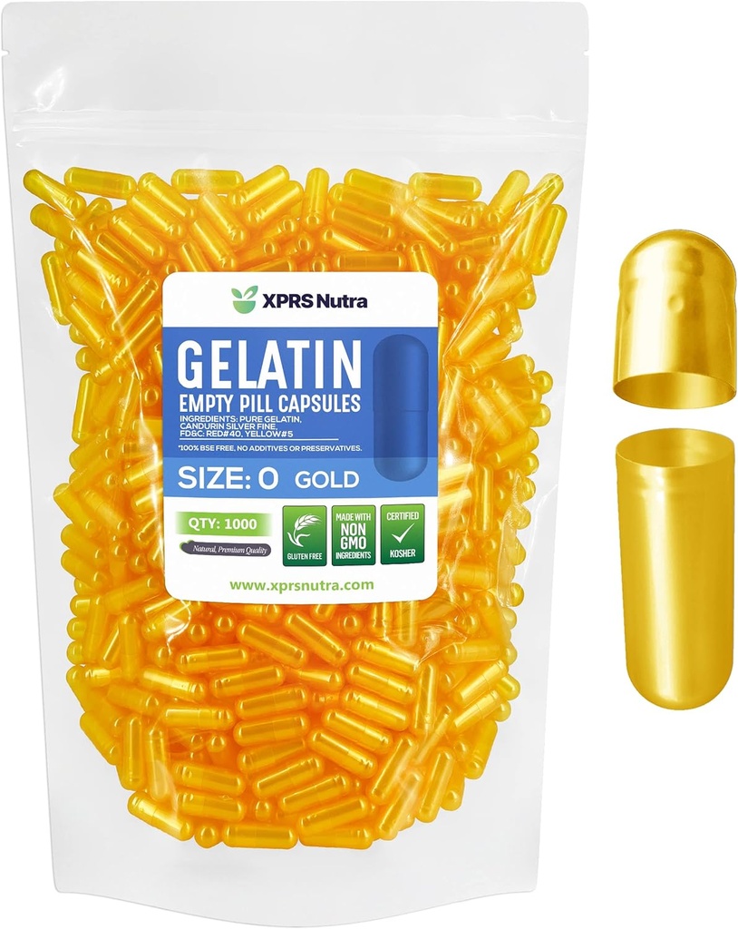 XPRS Nutra Størrelse 0 Tomme kapsler - 1000 Tomme Gelatine kapsler - Piller gør det - Pure Bovin Pille Gel Caps til Do- It- Yourself Kosttilskud (Guld)