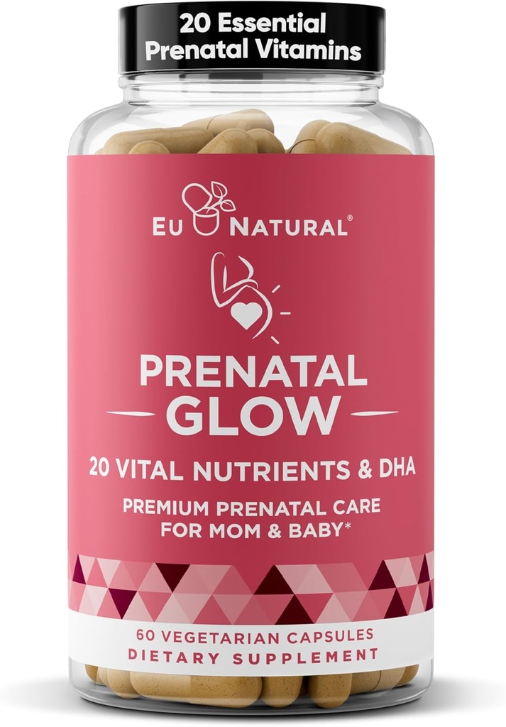 Glow Prenatal Vitamins for Women – 20-in-1 Vital Nutrients for Healthy Pregnancy and Fetal Development – Folic Acid & Vegan DHA For Baby's Growth & A Comfortable Pregnancy – 60 Nourishing Capsules