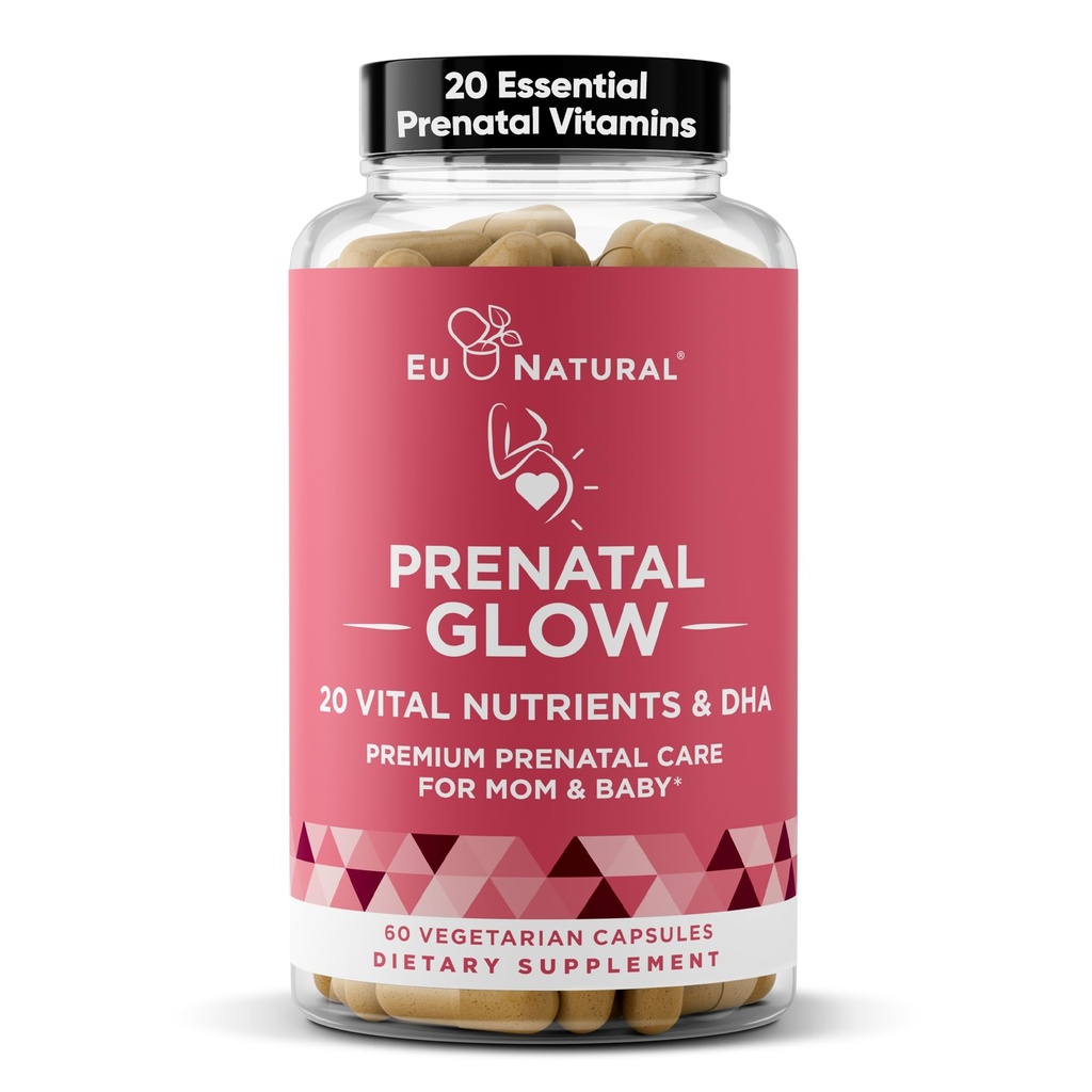 Glow prænatale vitaminer til kvinder - 20-in-1 Vital Nutrients for Sund Graviditet og Udvikling af Føtale - Folinsyre & Vegan DHA For Baby 's Growth & A Komfortabel Graviditet - 60 Nærende kapsler