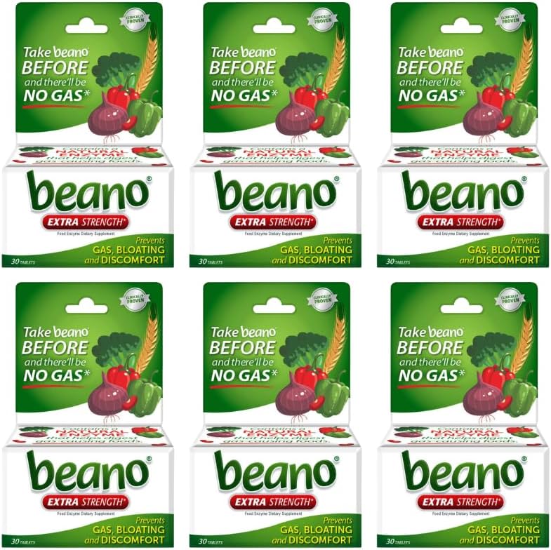 Beano Extra Strength, Digestive Enzyme Supplement, Prevents Gas, Bloating and Discomfort (Packaging May Vary) 30 Greve Hver (pakke med 6)