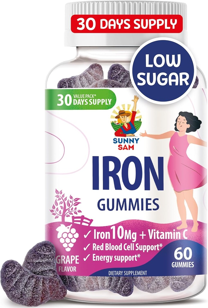 SUNNY SAM Iron Gummies for børn & voksne - Iron Vitaminer med C-vitamin, 10mg per servering - Chewable Fruit Gummy til immunforsvar Red Blood Cell Production