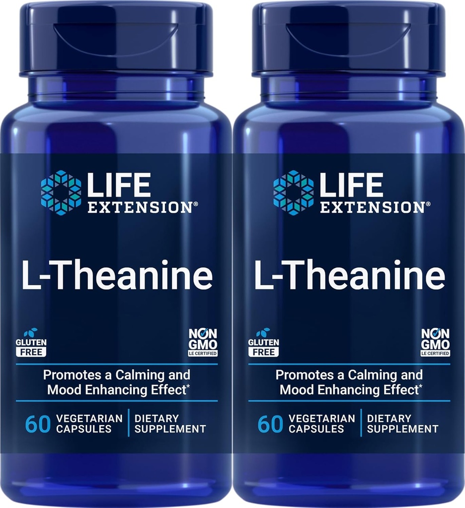 Life Extension L- Theanine, 60 vegetariske kapsler (pakke af 2) - Aminosyre afledt af te - Gluten- fri, ikke-GMO