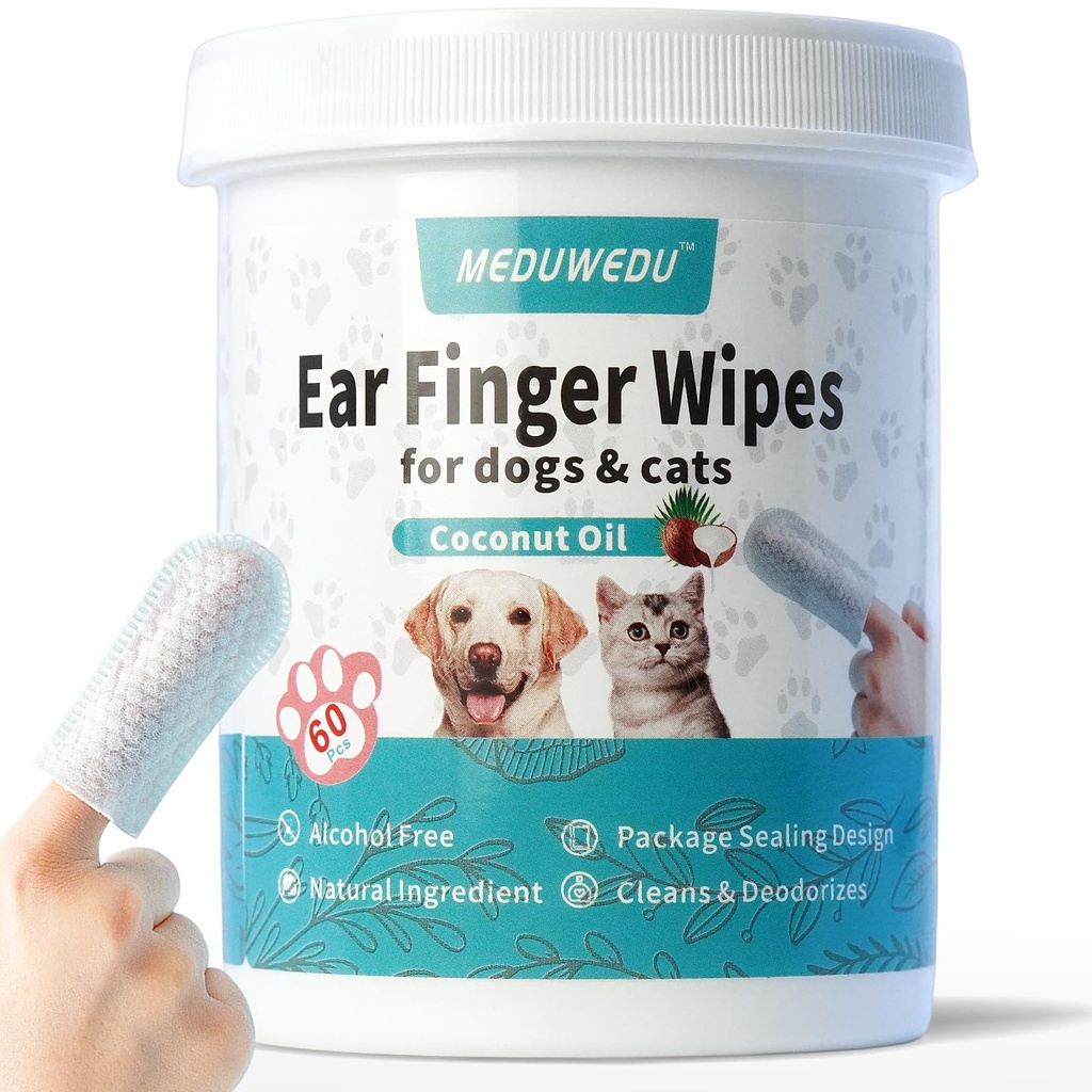 Ear Cleaner Fingerservietter 60 Counts, Hundeøre Cleaner, Grooming Kit Care for Dogs and Cats, Soft & Easy Otic Rengøring Pads, Fjern Wax, Dirt & Stop Smelly, Itchy, Ikke-Irriterende, Kokossensindet